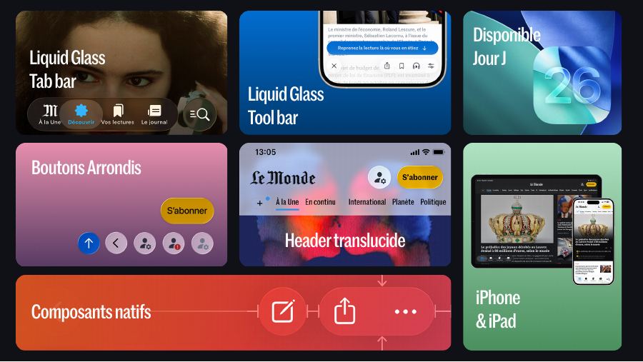Vue d’ensemble du système Liquid Glass conçu pour Le Monde sur iPhone et iPad